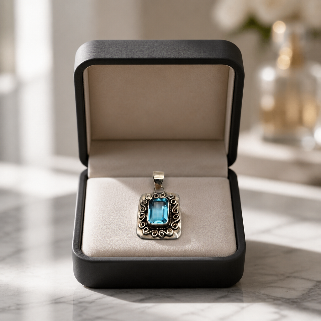 Blue Topaz Pendant • Emerald Cut Scroll Textured — Club925 Archive product photograph