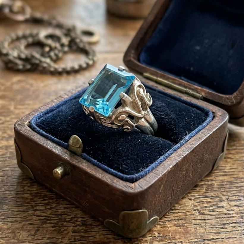 Blue Topaz Art Deco Ring • Filigree Statement — Club925 Archive product photograph