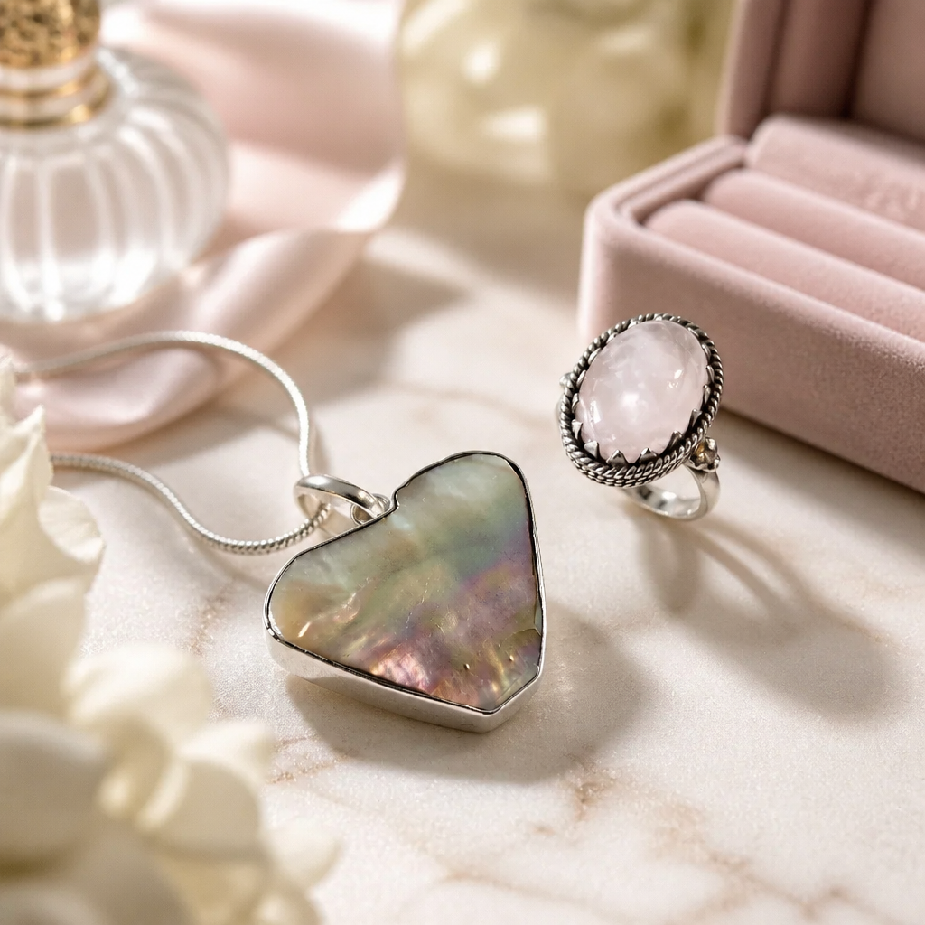 Rose Quartz Abalone Heart Pendant Ring Set — Club925 Archive product photograph